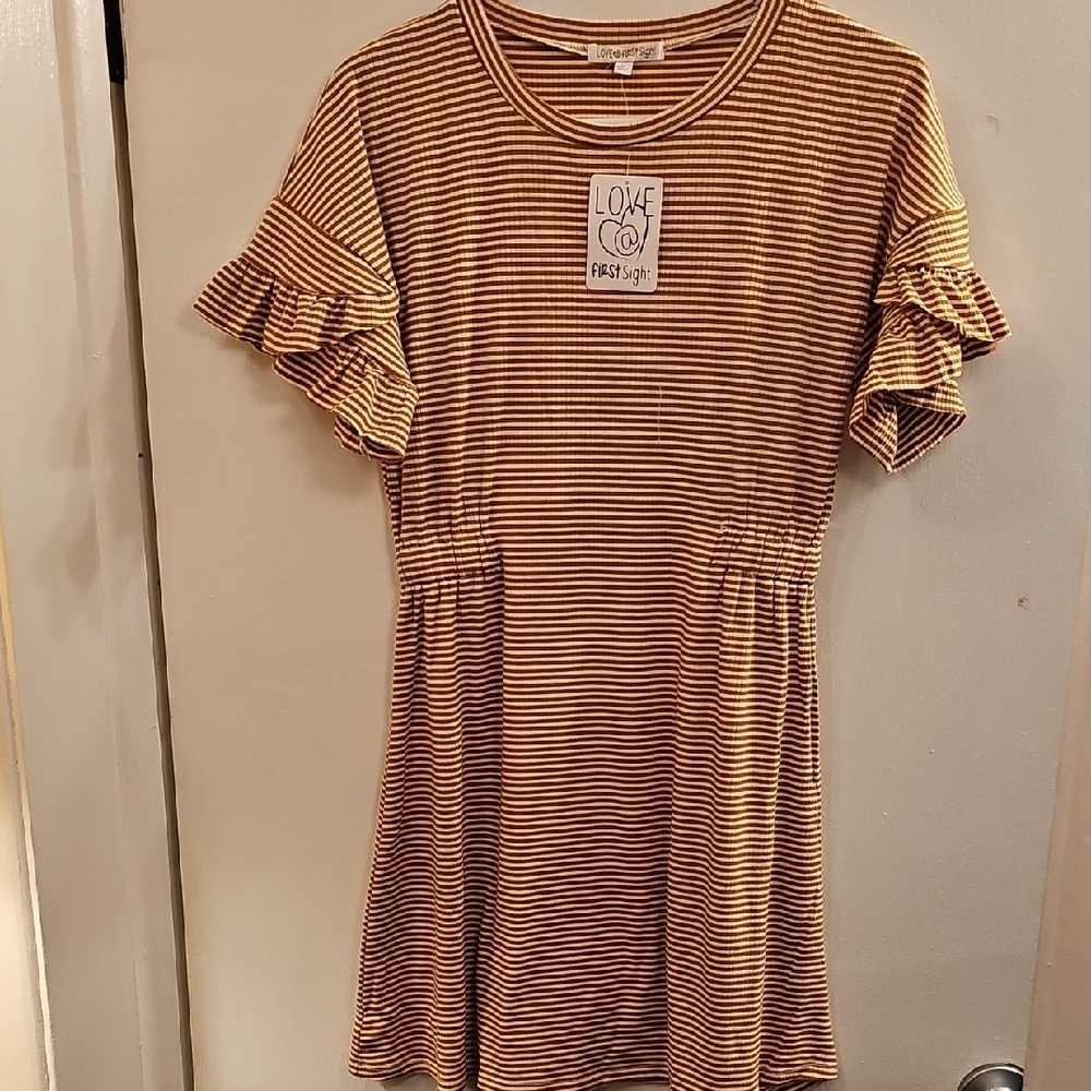 Tan and White Ruffled Midi Sundress with Flutter Sleeves